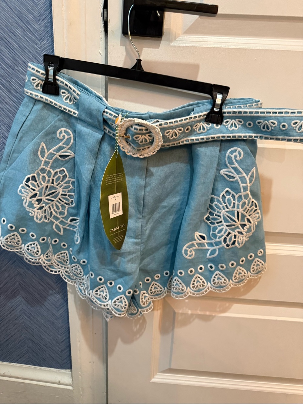 NWT FARM Rio Sky Blue Embroidered Linen-Blend Shorts with Belt